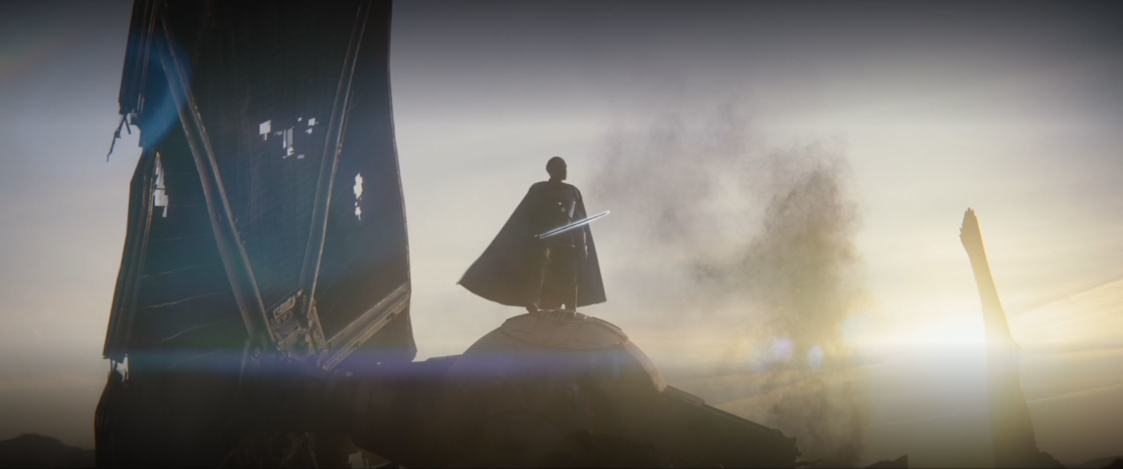 Moff Gideon stands atop his crashed TIE fighter, a dark blade silhouetted in white held in his right hand.