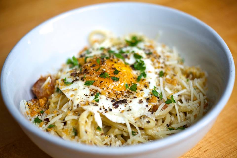 Grassa’s take on the classic Italian carbonara, topped with a fried egg 