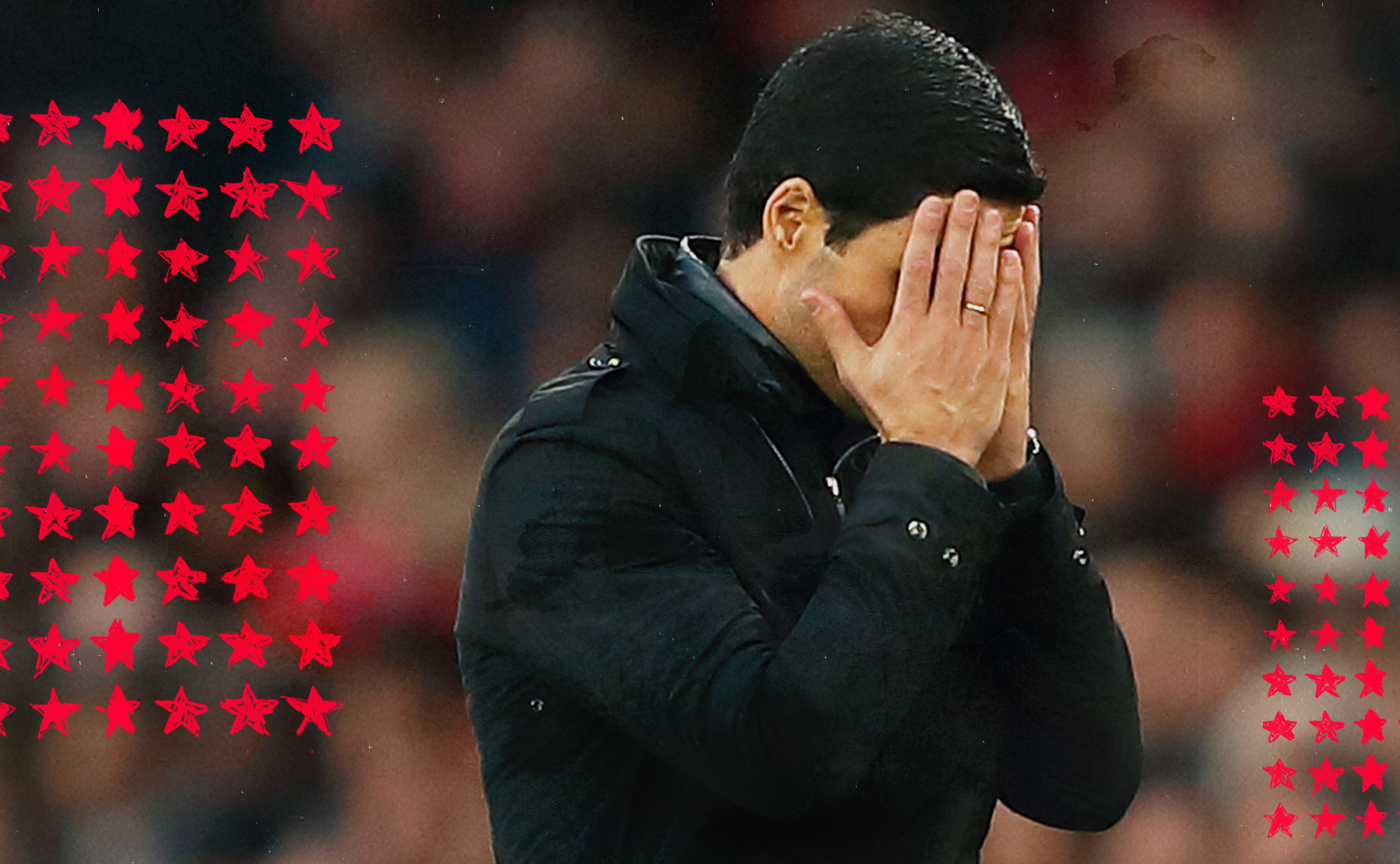 Manager Mike Arteta holding his face in his hands during Arsenal’s loss to Chelsea on Sunday