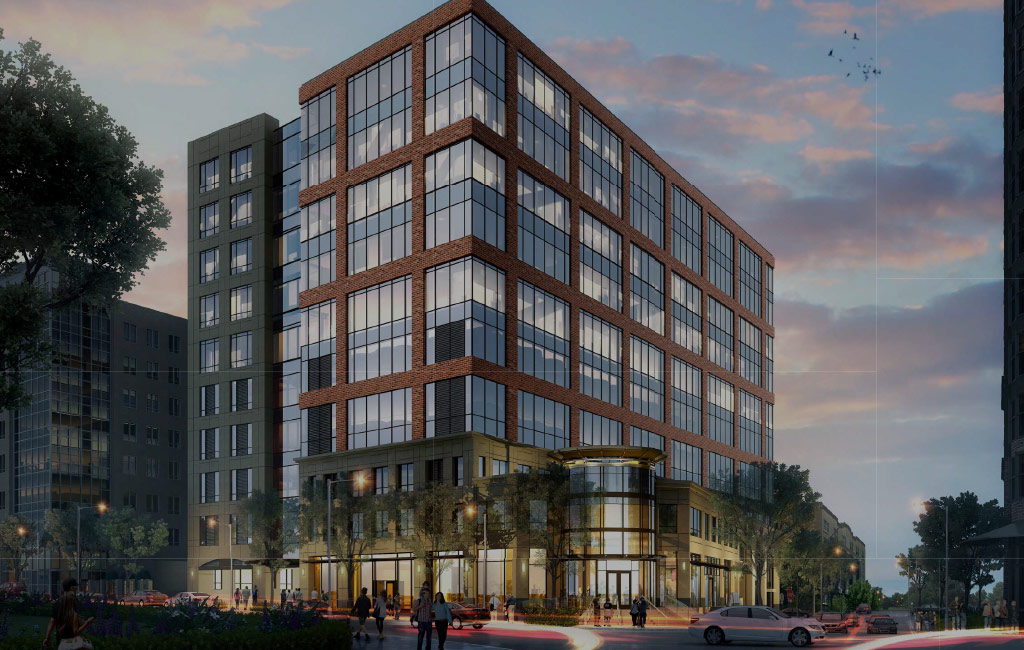 A rendering of a 12-story office and retail building, which features modern construction and lots of glass.
