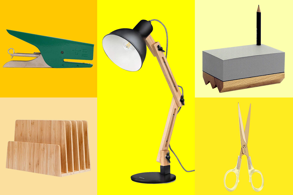 Yellow collage of desk accessories like a stapler, lamp, and mailholder. 