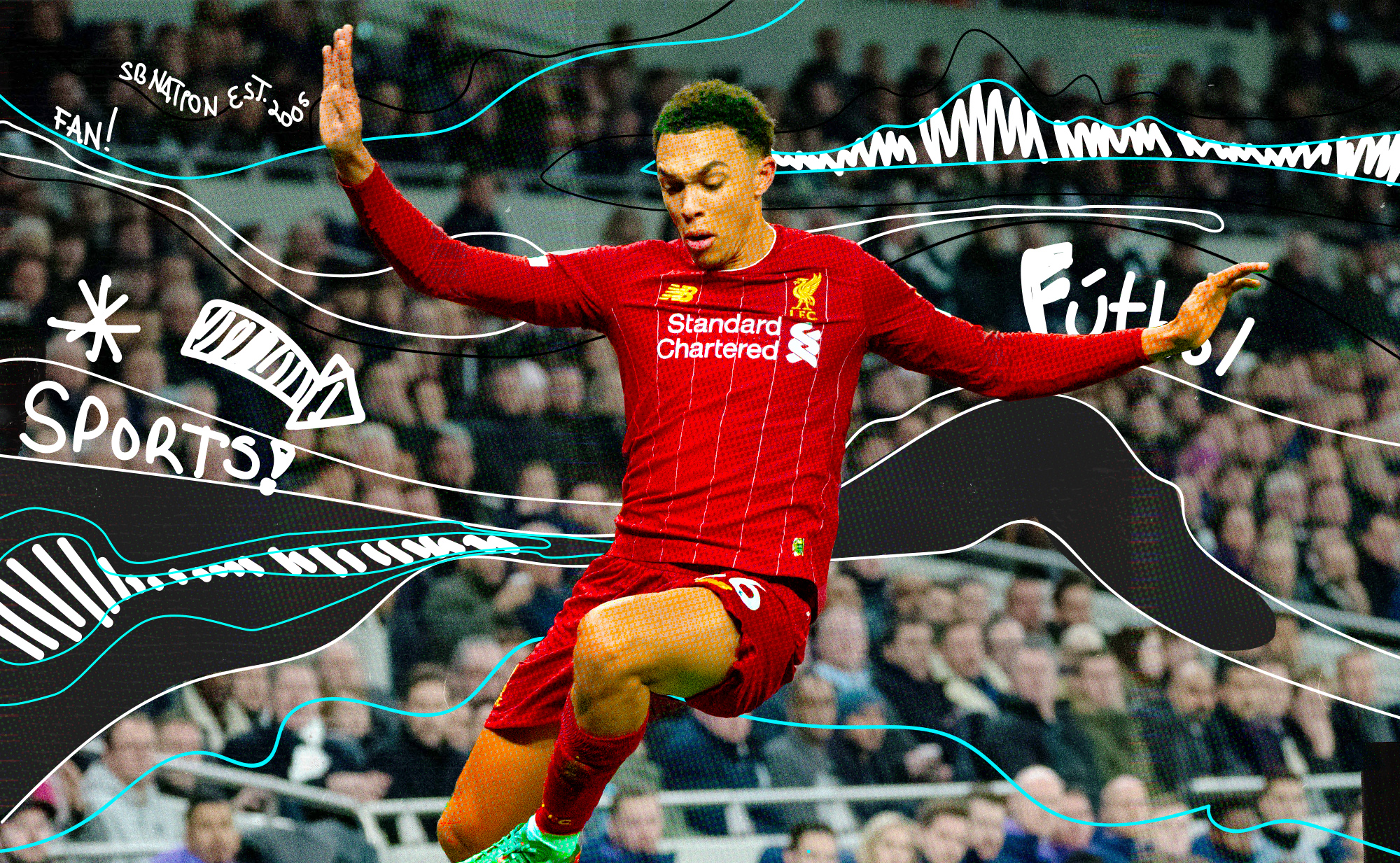 Photo of Liverpool’s Trent Alexander-Arnold hurdling over a Manchester United defender who is laying prone on the ground.