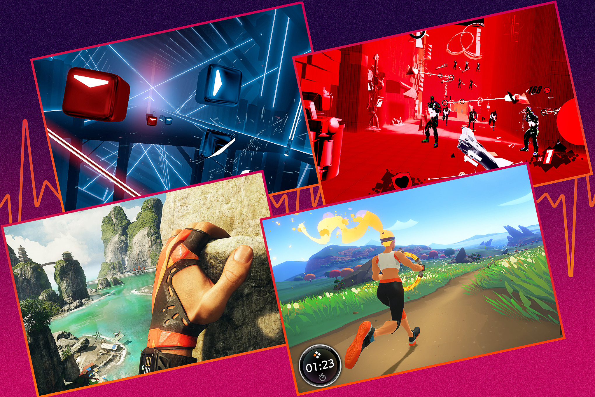 Grid of images from four fitness games (left top to bottom right) Beat Saber, Pistol Whip, The Climb, and Nintendo’s Ring Fit Adventure