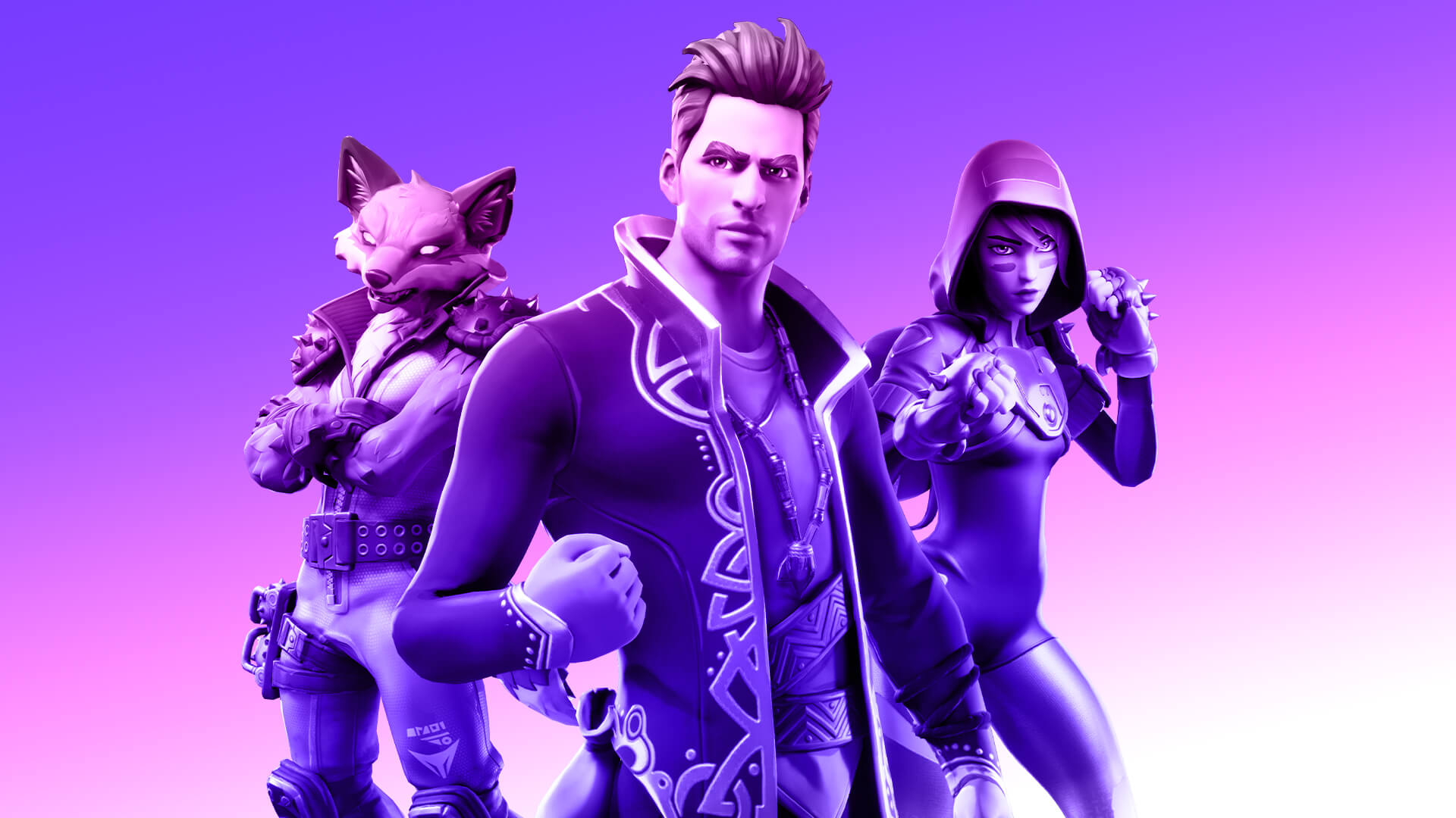 Three avatars from Fortnite against a purple background