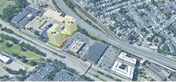 An aerial image of what a development site might look like, and the site is next to a highway.