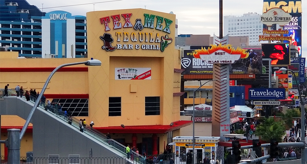 The exterior of the huge Tex Mex Tequila Bar &amp; Grill, replacing the long shuttered Harley-Davidson Las Vegas Cafe on the Strip.