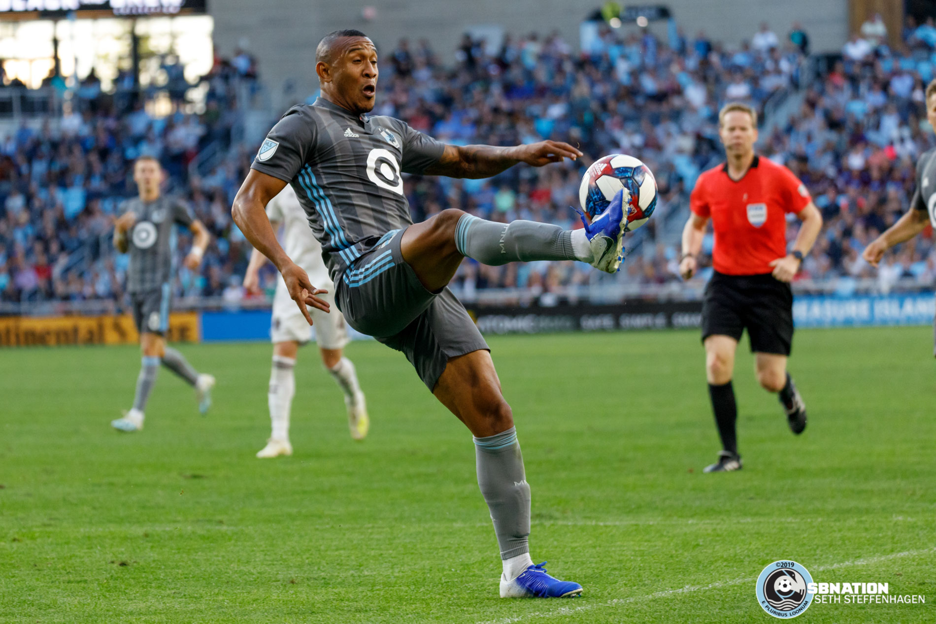 August 14, 2019 - Saint Paul, Minnesota, United States - Minnesota United forward Angelo Rodriguez (9) controls the ball during the match against the Colorado Rapids at Allianz Field. 
