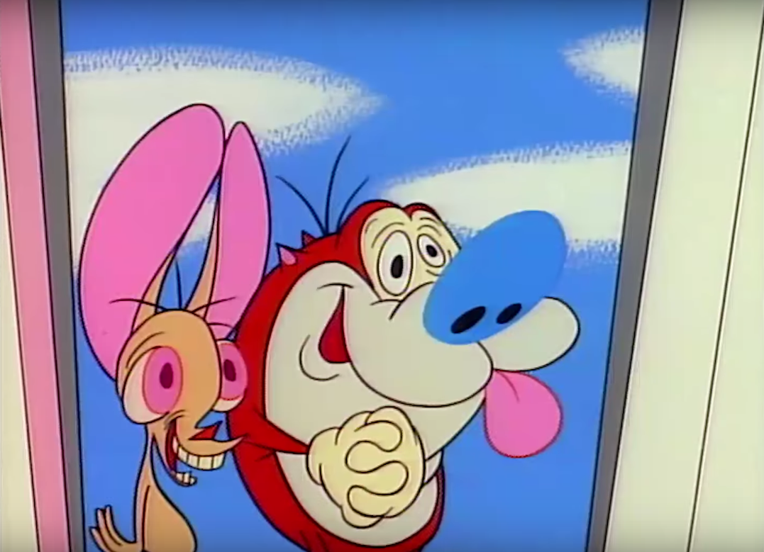 ren and stimpy stand in a doorway gushing