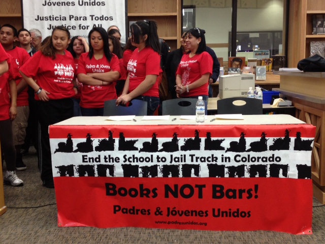 Student leaders with Padres & Jovenes Unidos attend a press conference in 2013 regarding a new intergovernmental agreement outlining the role of resource officers in Denver schools.
