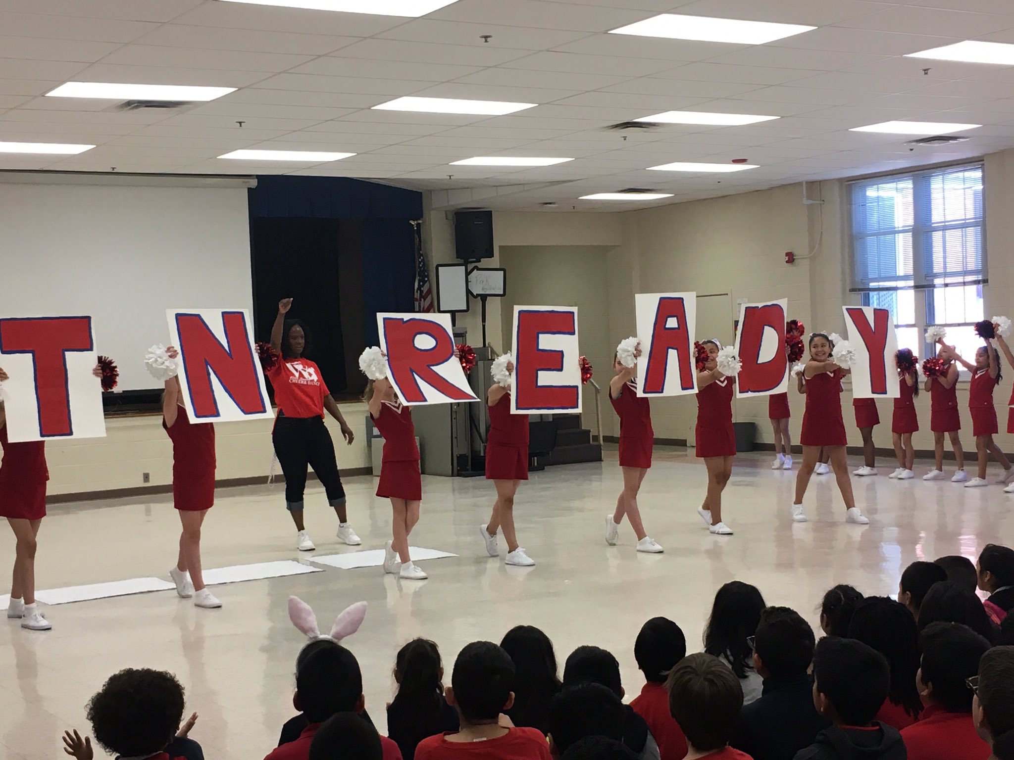 Students at Wells Station Elementary School in Memphis hold a pep rally before the launch of state tests, which took place between April 17 and May 5 across Tennessee.