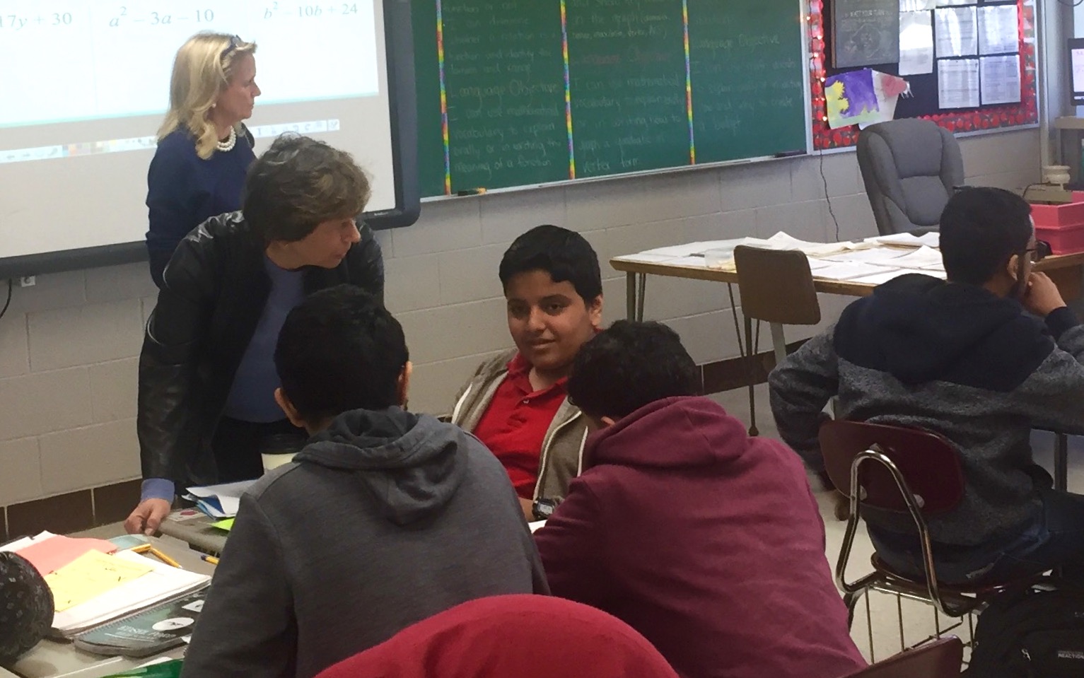 American Federation of Teachers President Randi Weingarten talks to students in a math class for English language learners at Edsel Ford High School in Dearborn, Michigan.
