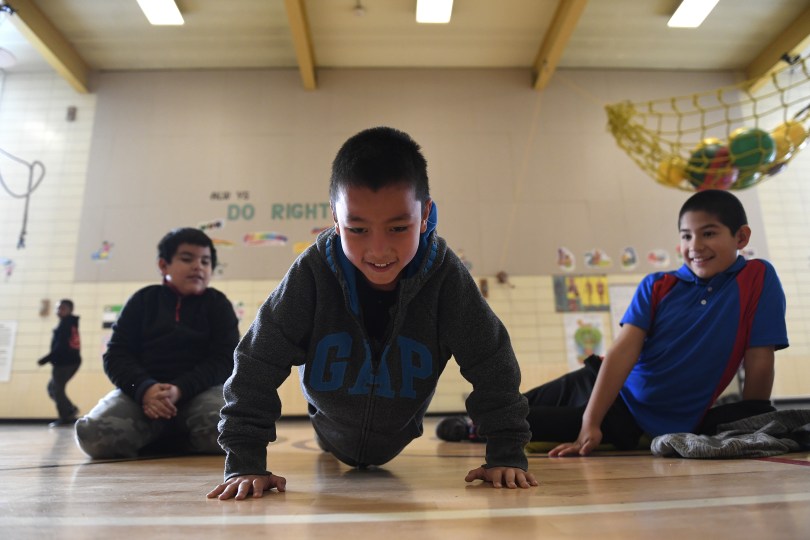Students during PE class at Lyn Knoll Elementary School in 2016 in Aurora, Colorado.