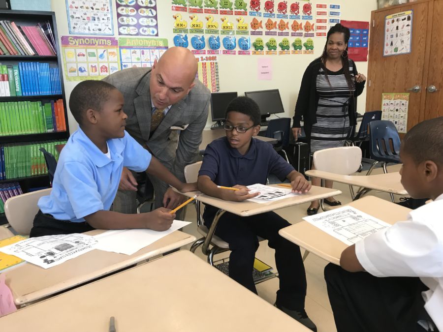 Detroit Superintendent Nikolai Vitti meets with students at Detroit’s Durfee Elementary-Middle School on the first day of school in September, 2017