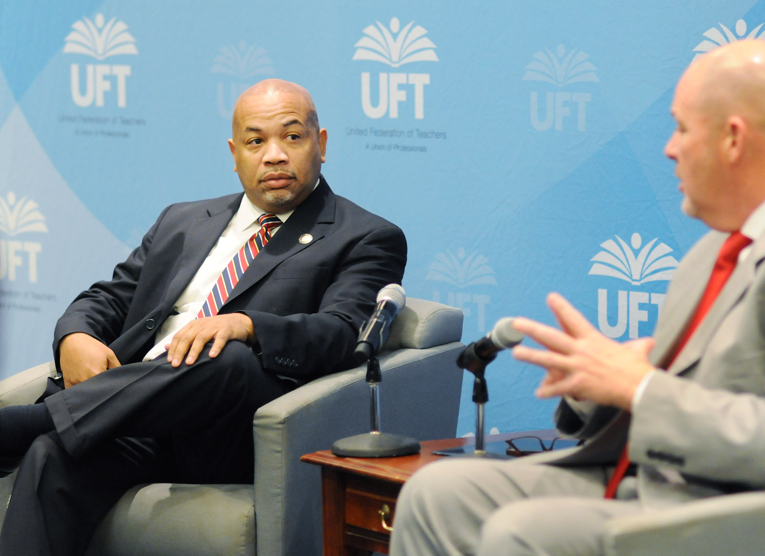 UFT President Michael Mulgrew interviews New York State Assembly Speaker Carl Heastie.