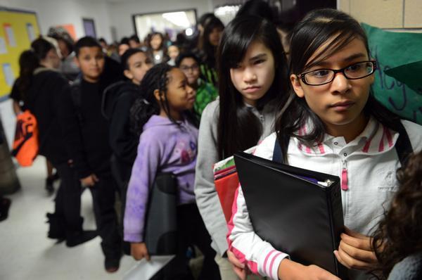 File photo of sixth-grade students at Kearney Middle School in Commerce City.