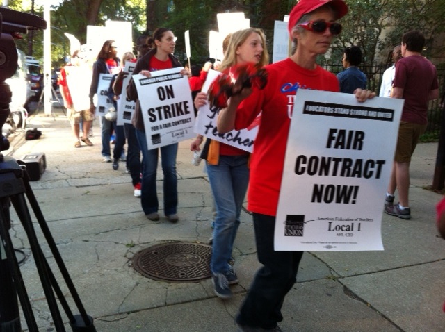 Chicago Teachers Union  members picketed in 2012 outside Ray Elementary School, the school that  then-U.S. Education Secretary Arne Duncan's children once attended.