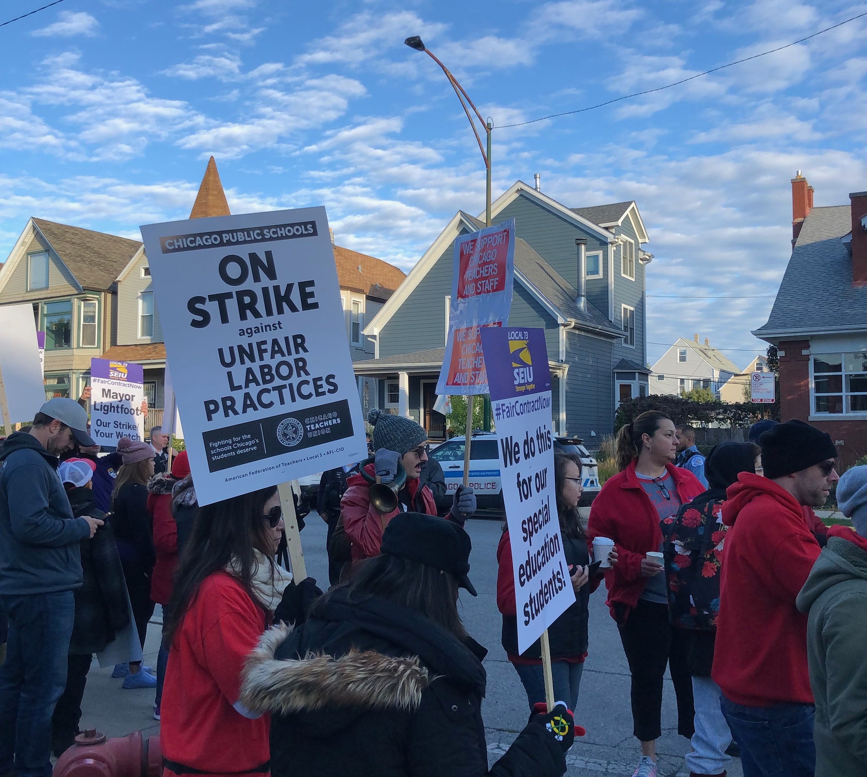 Chicago Teachers Union members picket Oct. 17, 2019, the first day of a citywide teachers strike.