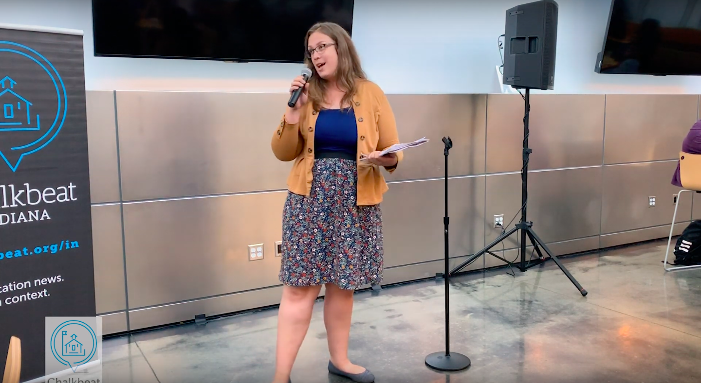 Makayla Imrie, a teacher at Howe High School in Indianapolis, shared her story of surviving her first year of teaching at a story slam hosted by Teachers Lounge Indy and Chalkbeat Indiana at IUPUI on Sept. 26, 2019.