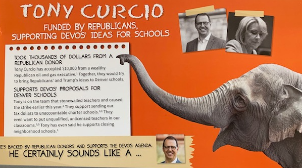 A union-funded mailer seeks to link one Denver school board candidate with Betsy DeVos, the unpopular education secretary.