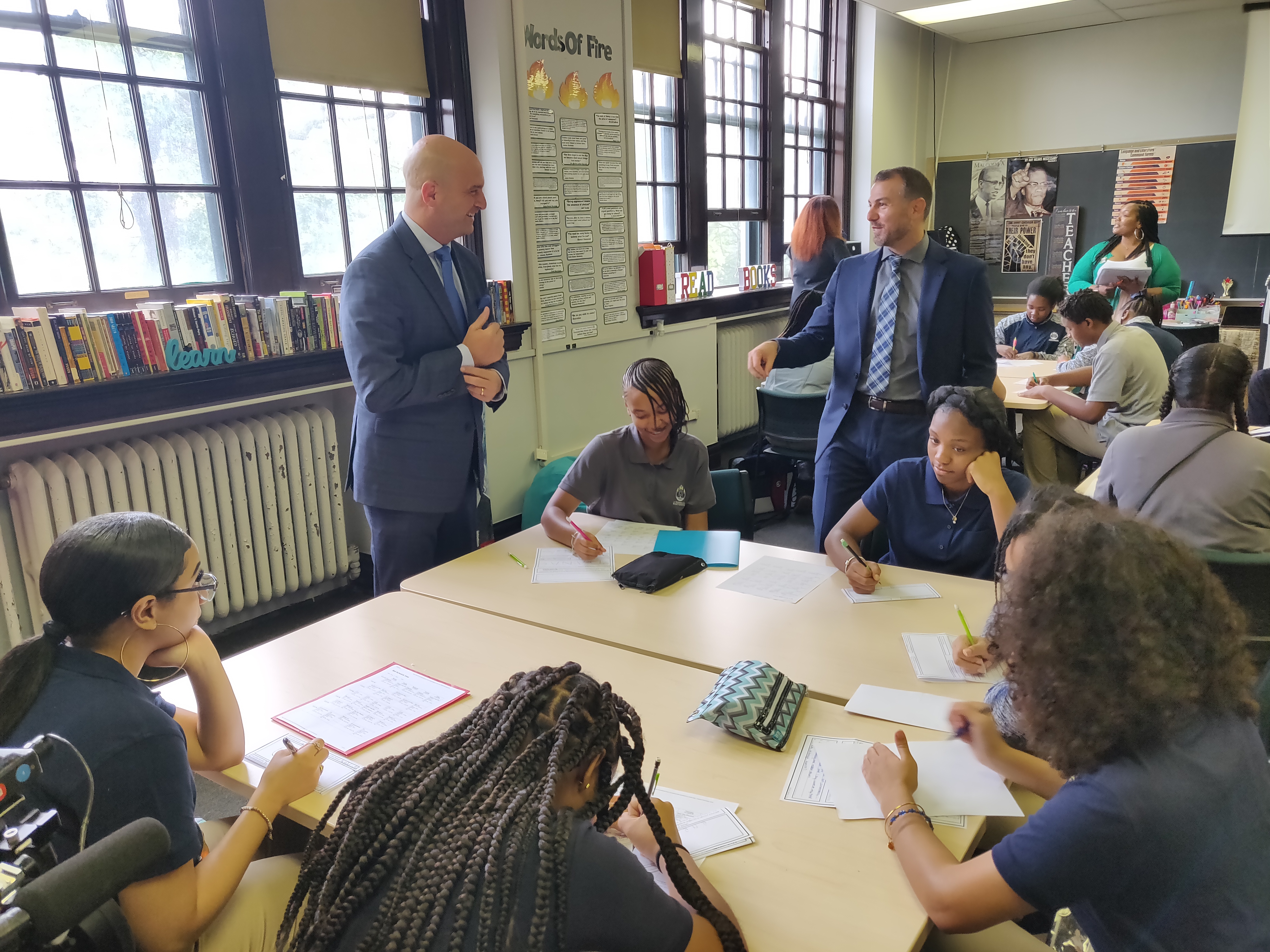Nir Saar, right, and Superintendent Nikolai Vitti on the first day of classes at the School at Marygrove, the ambitious new school Saar helped found. He has been placed on administrative leave.