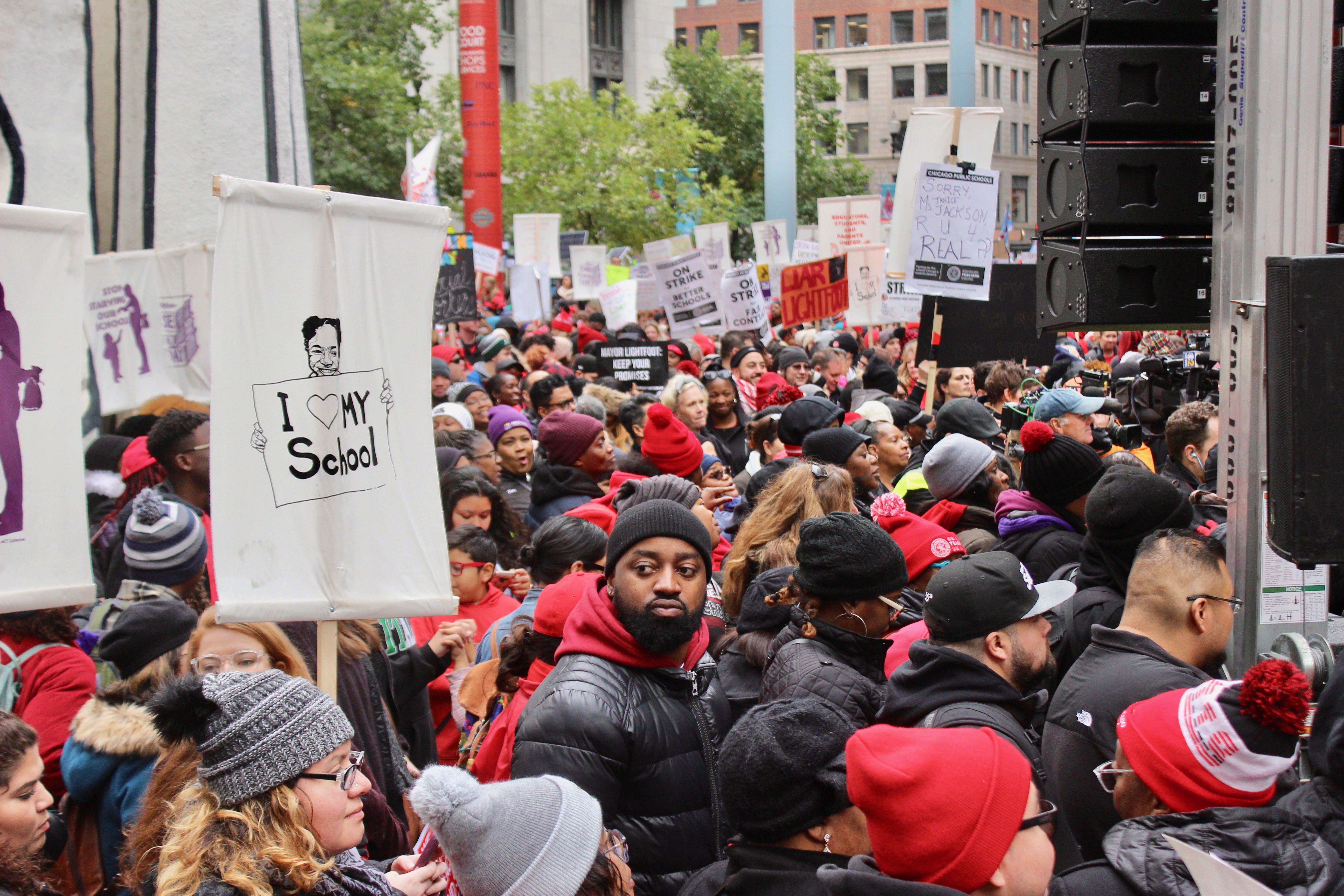 Teachers gather outside of the Thompson Center in downtown Chicago on the fifth day of a strike in October 2019.