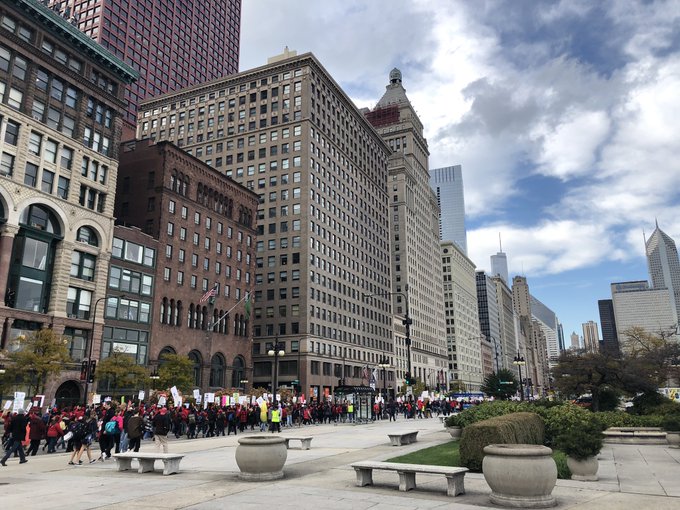 A Chicago Teachers Union rally shut down the northbound lanes of Michigan Avenue on the seventh day of the union's strike.