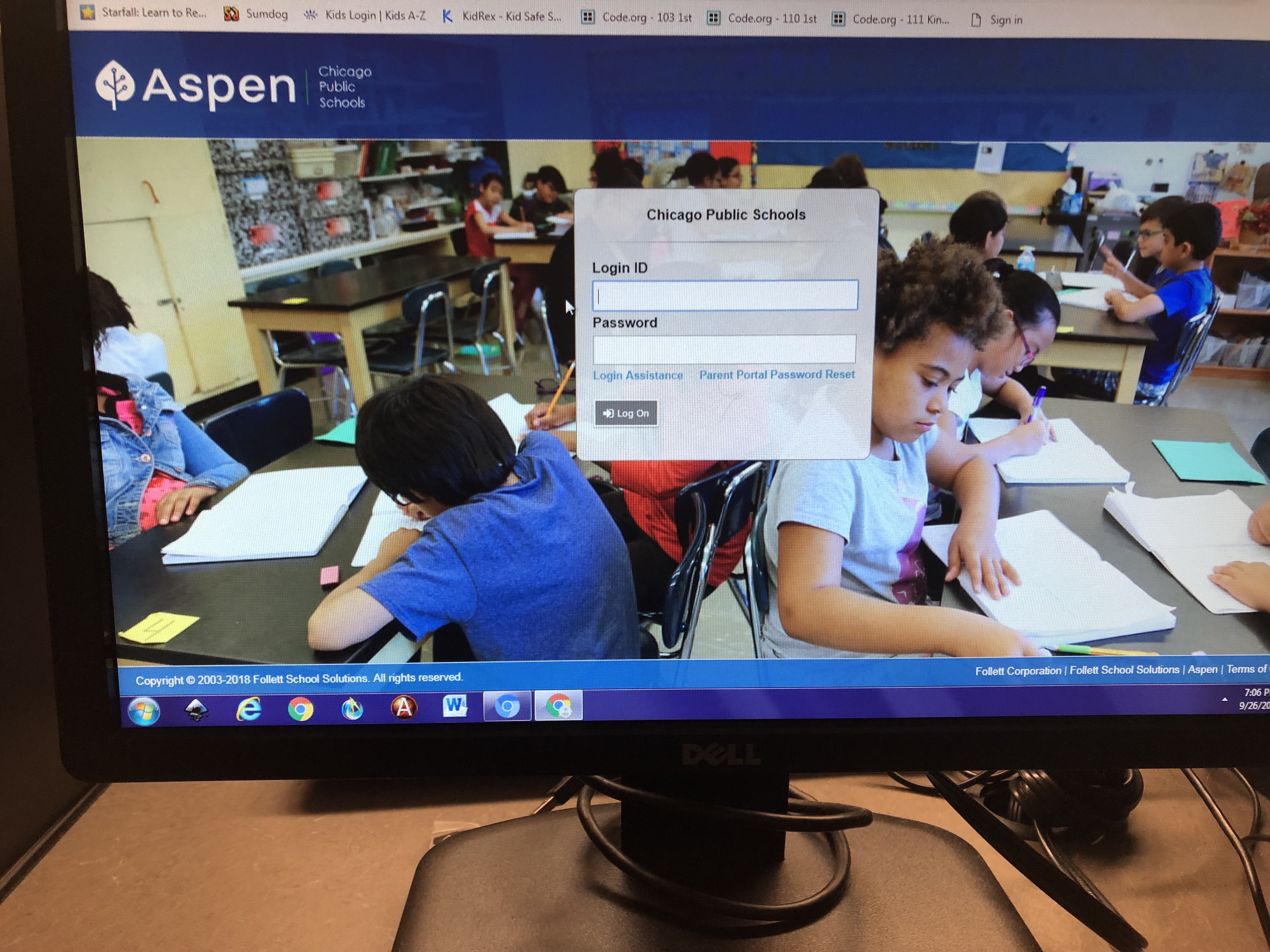 The parent login page in Chicago's centralized technology portal Aspen, where schools log grades and attendance, among other data.