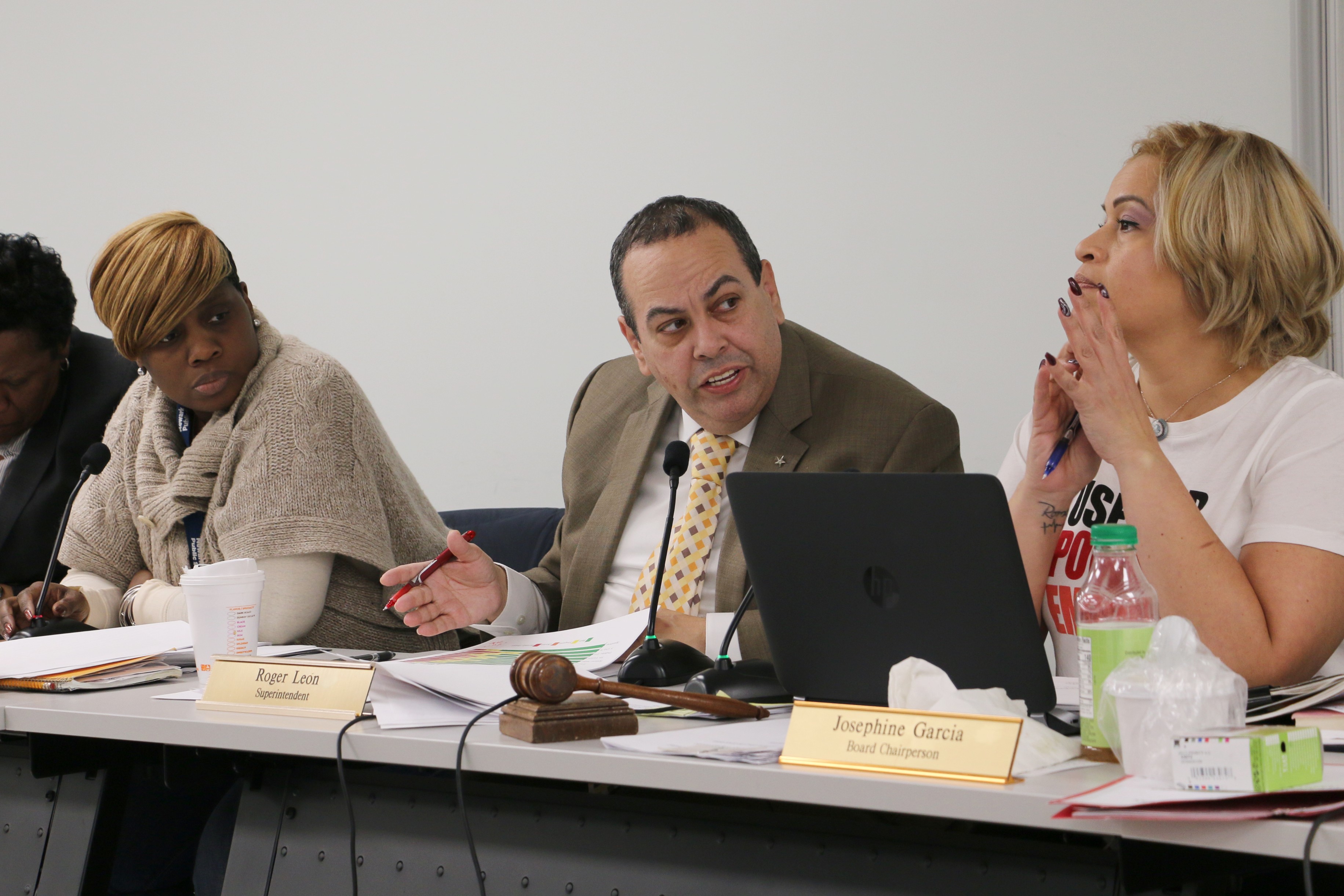 León at a school board meeting in November 2018.