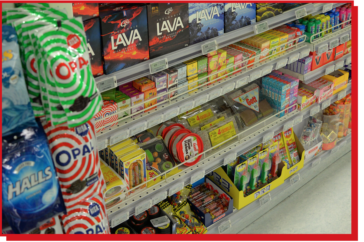 Candy and snacks in a supermarket aisle in Iceland.