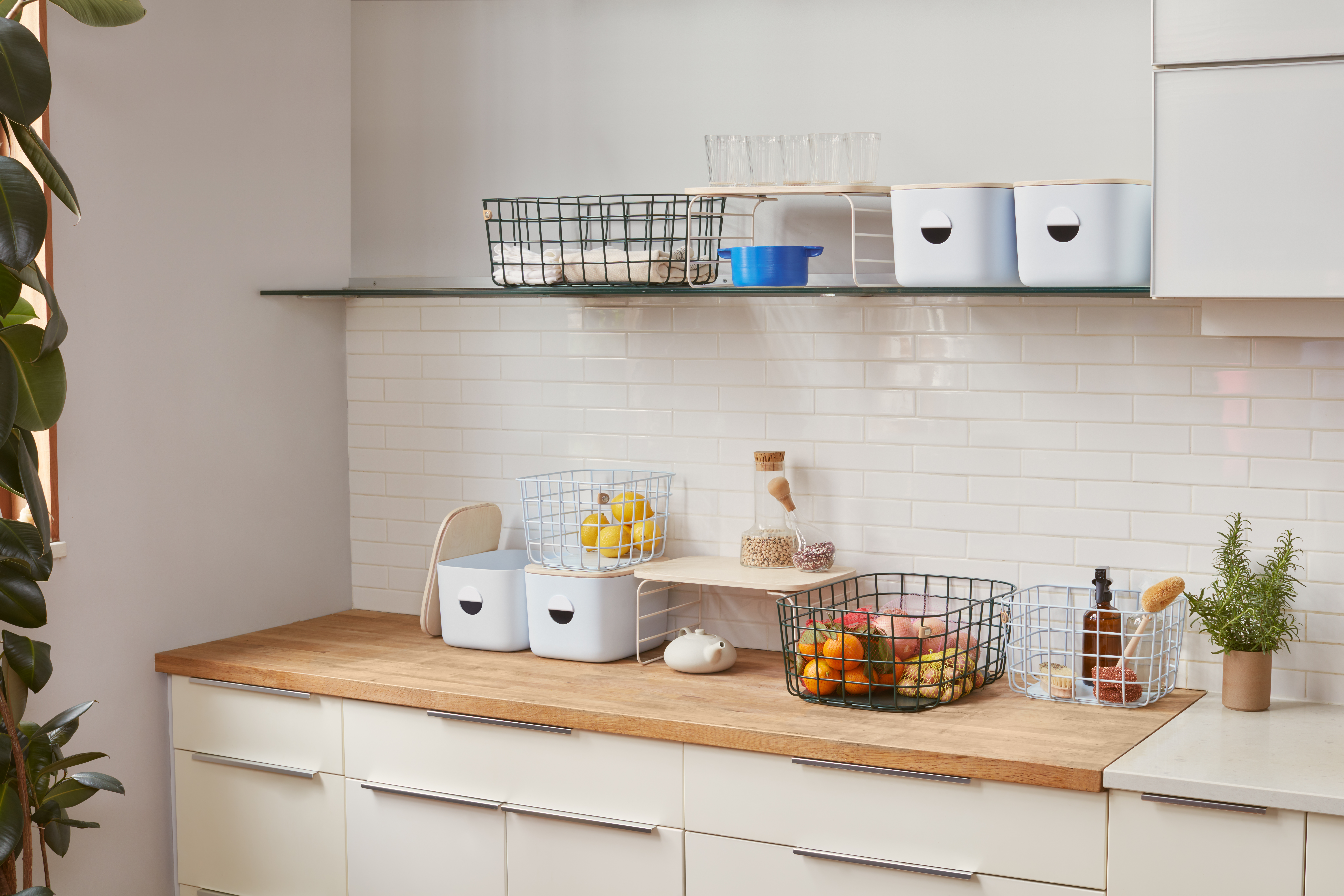 Storage containers on kitchen counters.
