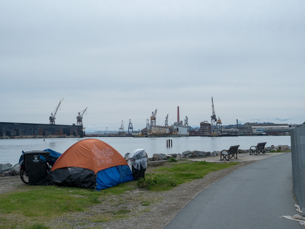A an orange and blue tent camped along the Bay in San Francisco, with tall shipping cranes visible in the distance.