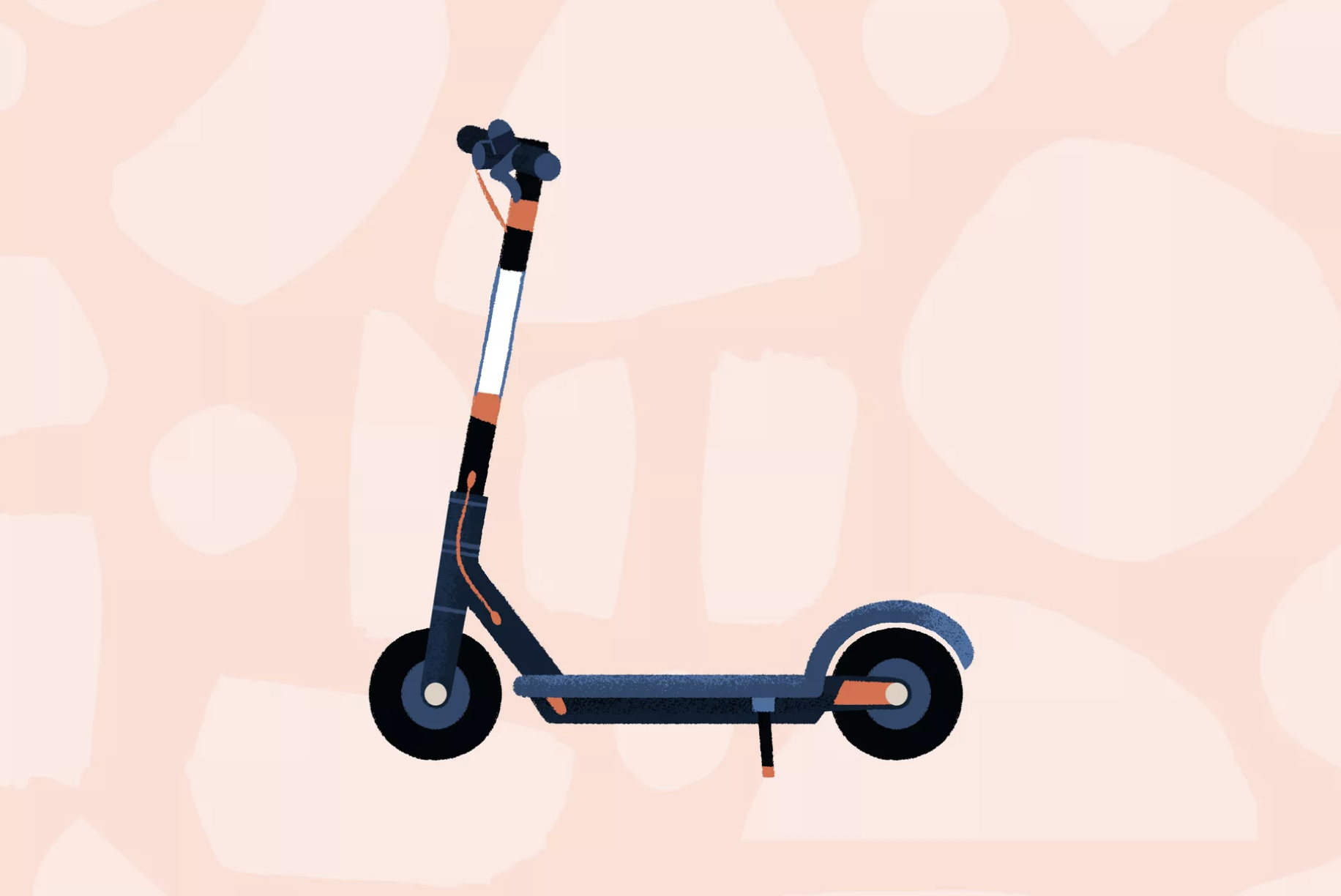 A graphic illustration of a generic black, white, and orange electric scooter, viewed from the side over a pink patterned backdrop.