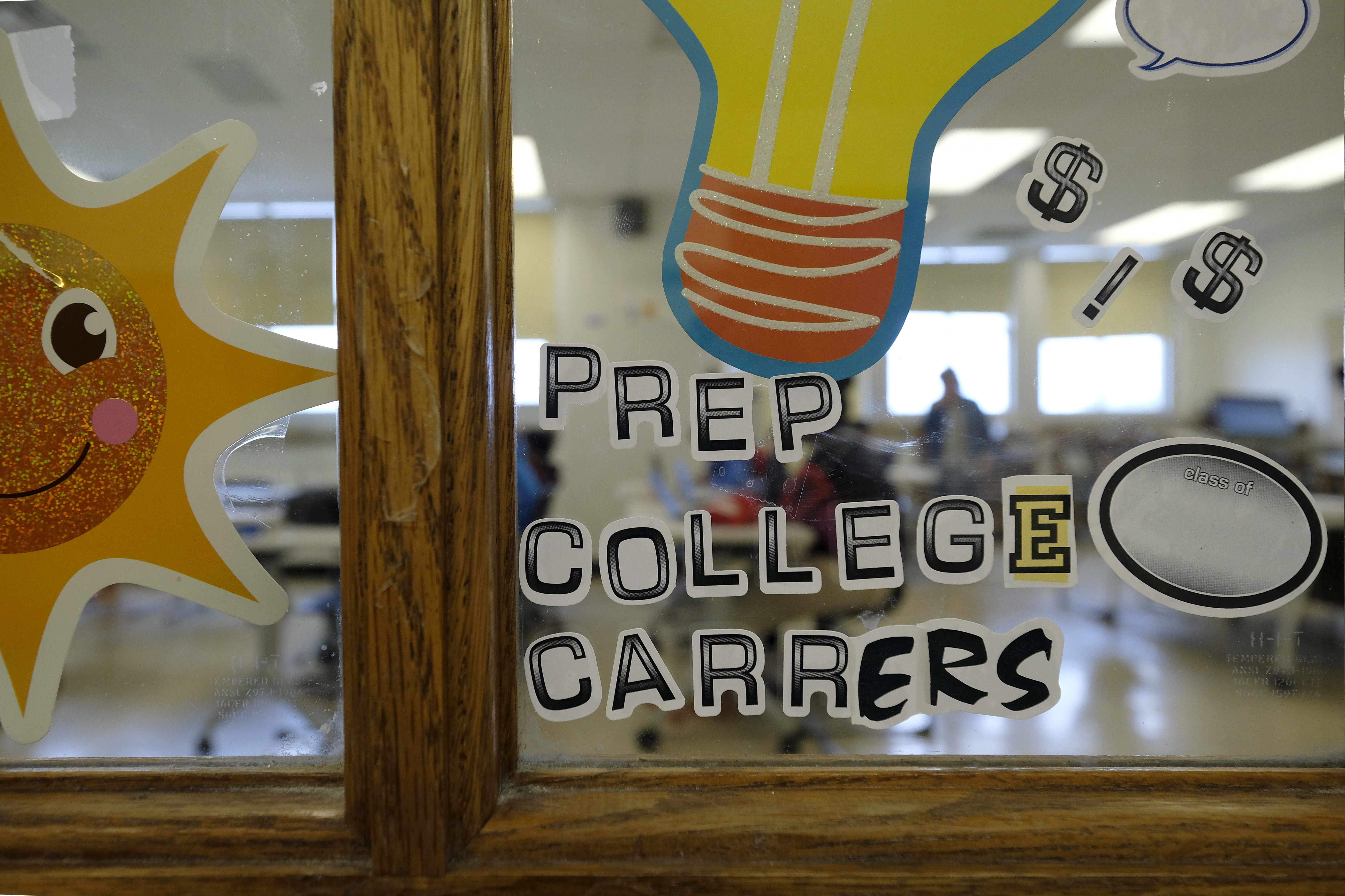 A “Prep College Careers” sign on a window at Crispus Attucks High School, a public school in Indianapolis, Indiana. — April 2019 — Photo by Alan Petersime/Chalkbeat