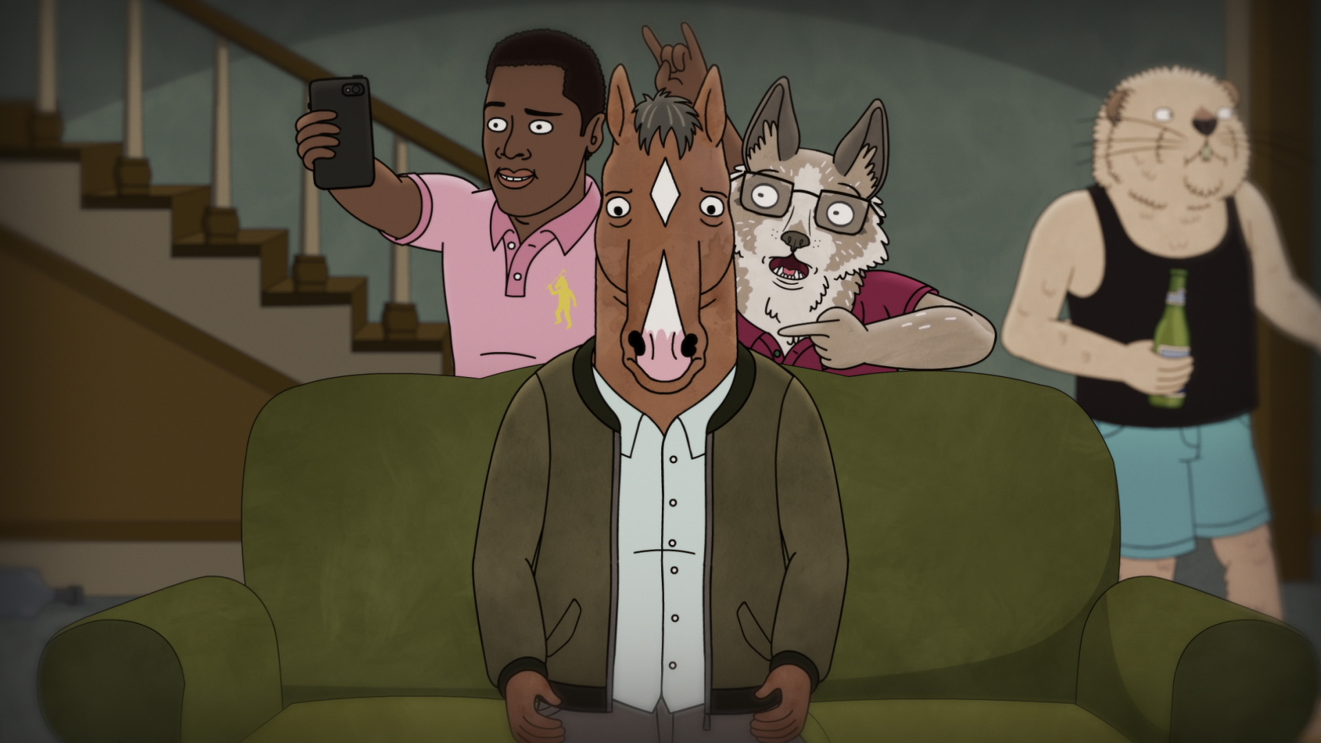 BoJack Horseman, an anthropomorphic horse, sits on a green couch while a human takes a selfie with him and an anthropomorphic dog in glasses freaks out.