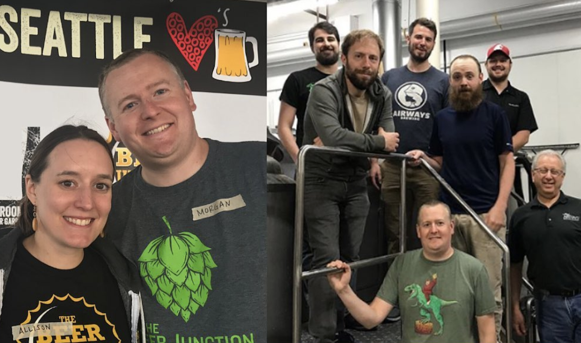 Morgan Herzog on left with his wife, Allison, and on below right, with The Beer Junction team.