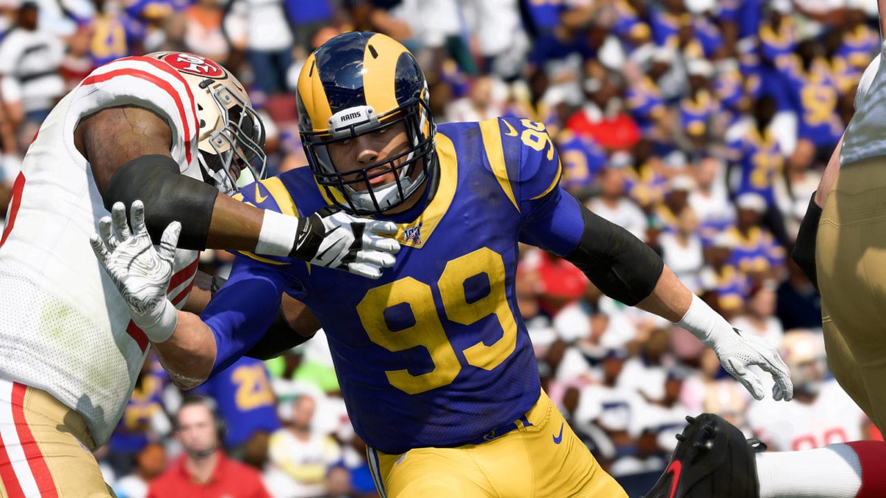 Madden NFL 20 screenshot of the the L.A. Rams’ Aaron Donald forcing his way through the San Francisco 49ers’ pass protection