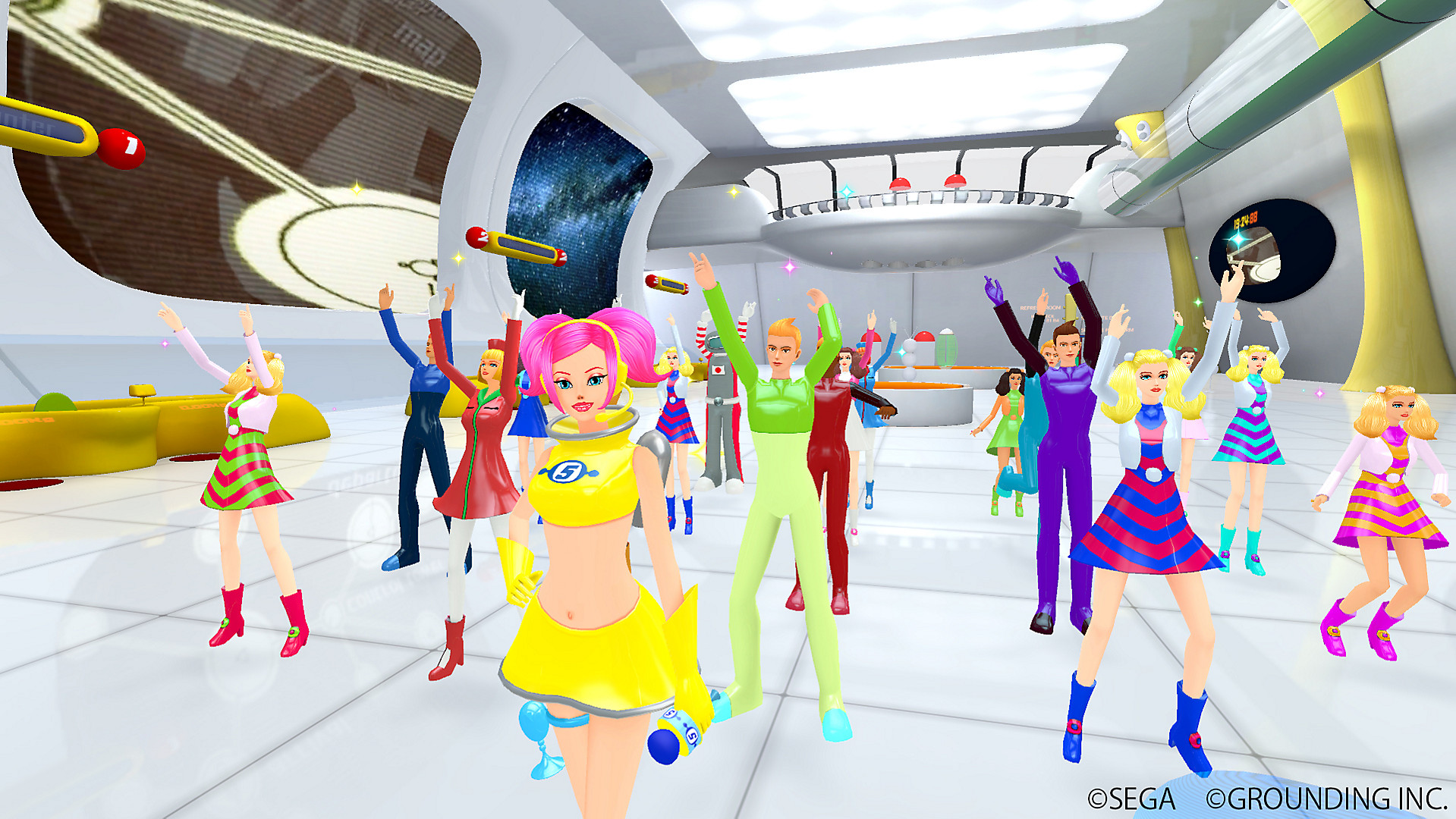 Dancing reporter Ulala, in yellow, stands with a bunch of dancers on a space station in a screenshot from Space Channel 5 VR: Kinda Funky News Flash!