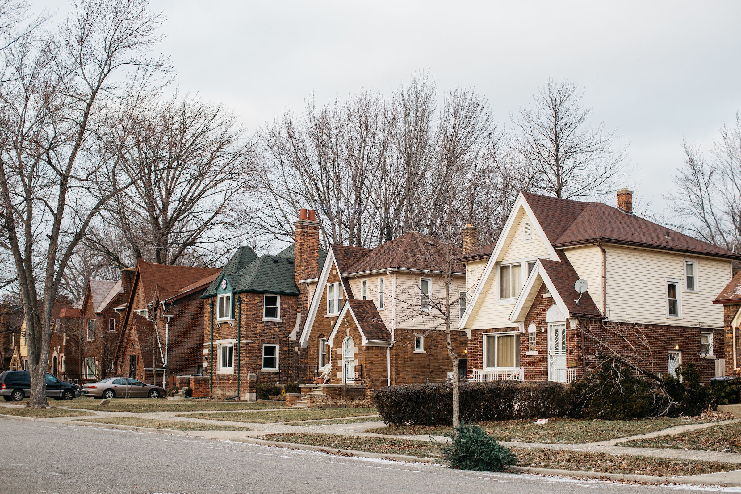 Neighborhood street in Detroit, single family homes, mostly brick and white. Trees in winter have lost their leaves.