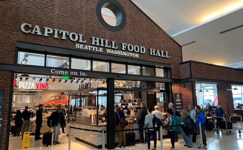 The exterior of Capitol Hill Food Hall at Sea-Tac airport.