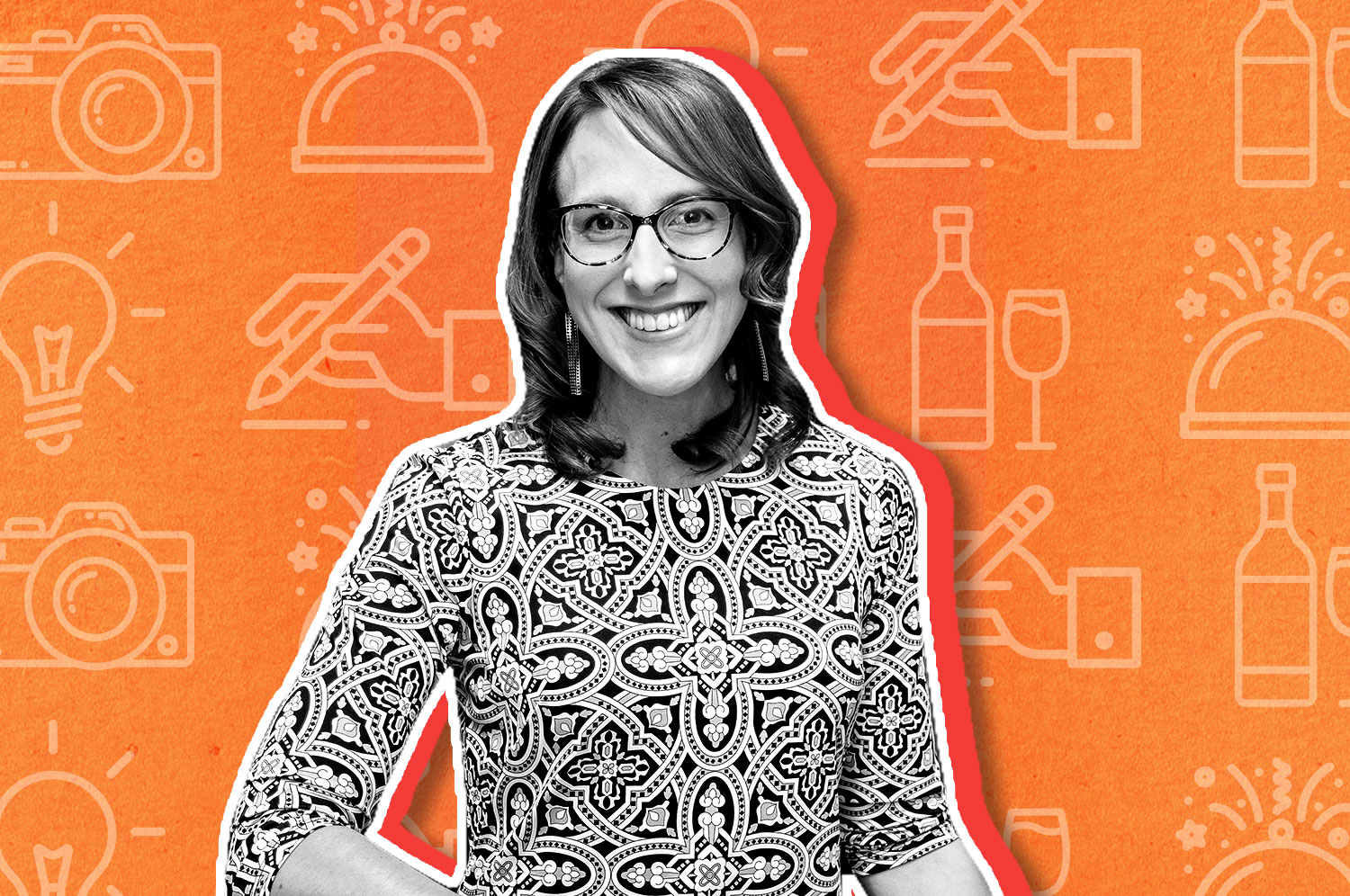 A black and white cutout of a brunette woman with shoulder length straight hair, glasses, and a printed shirt on an orange background. 