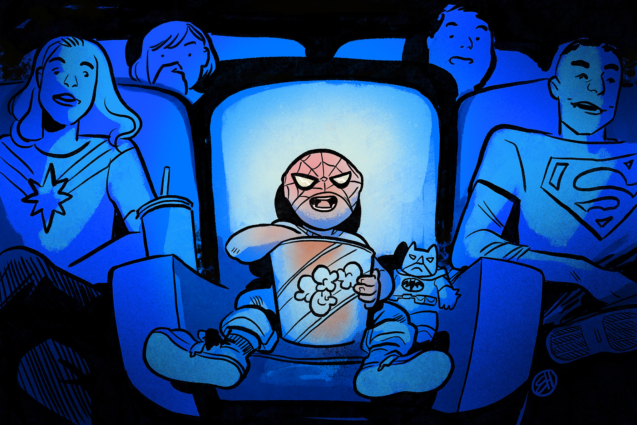 Illustration of a young spider man fan in the cinema eating popcorn and watching a movie surrounded by other superhero fans