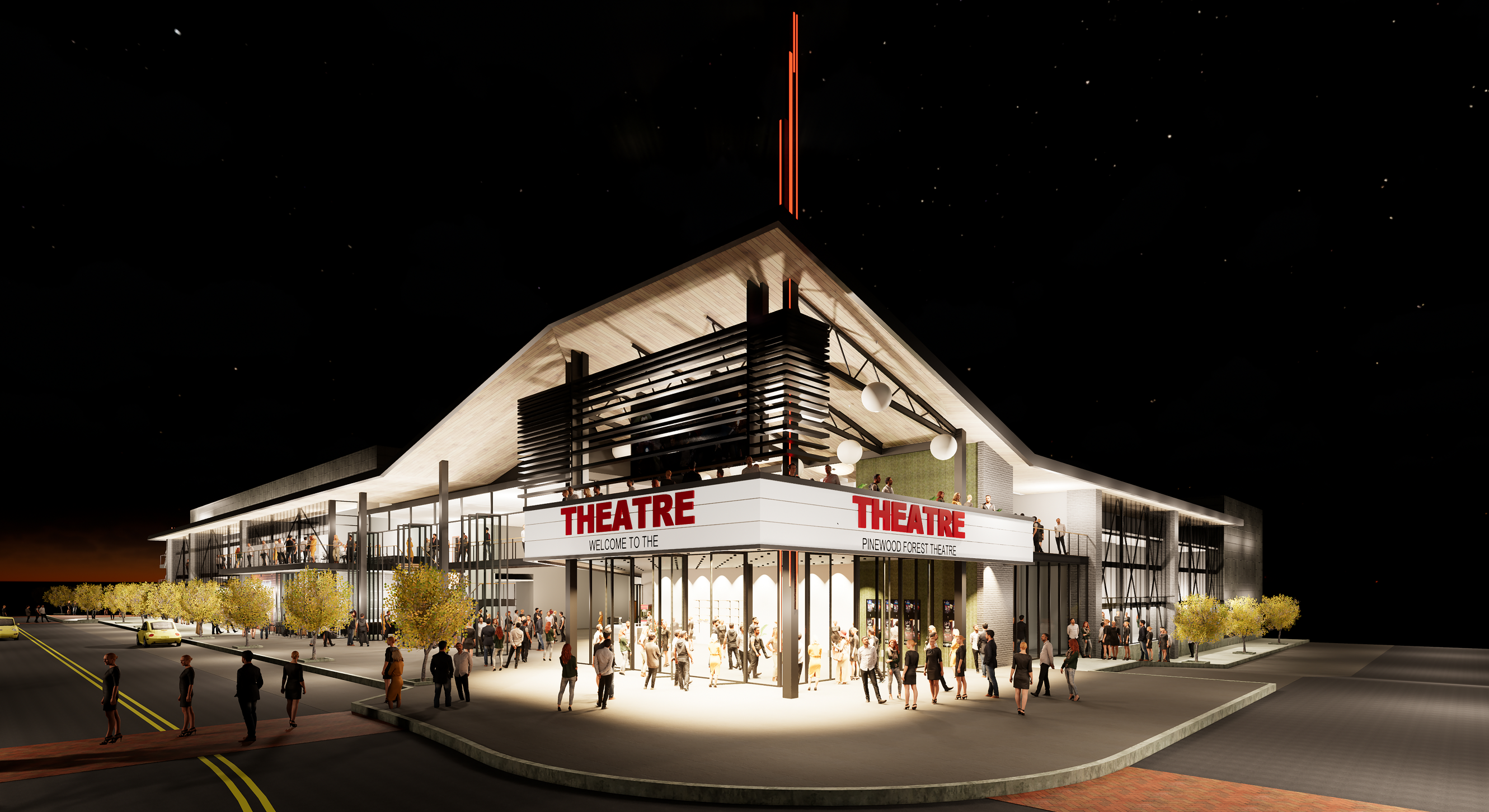 A rendering of a movie cinema with two floors and a rooftop patio theater. The marquee says “Welcome to the Pinewood Forest Theater.”