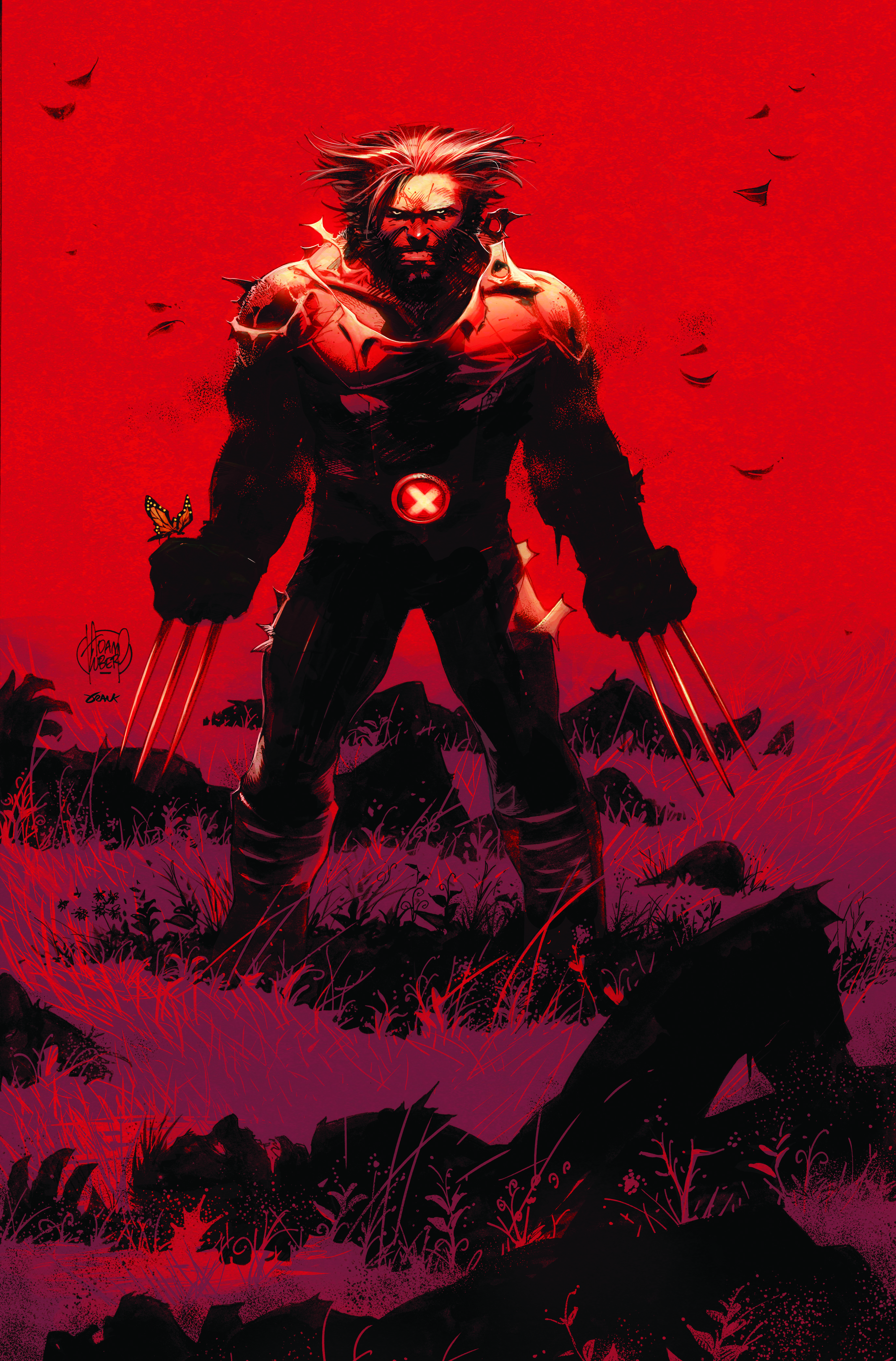 Wolverine stands on a battlefield, claws out and snarling. A butterfly is perched on his right fist, on the cover of Wolverine #1, Marvel Comics (2020).