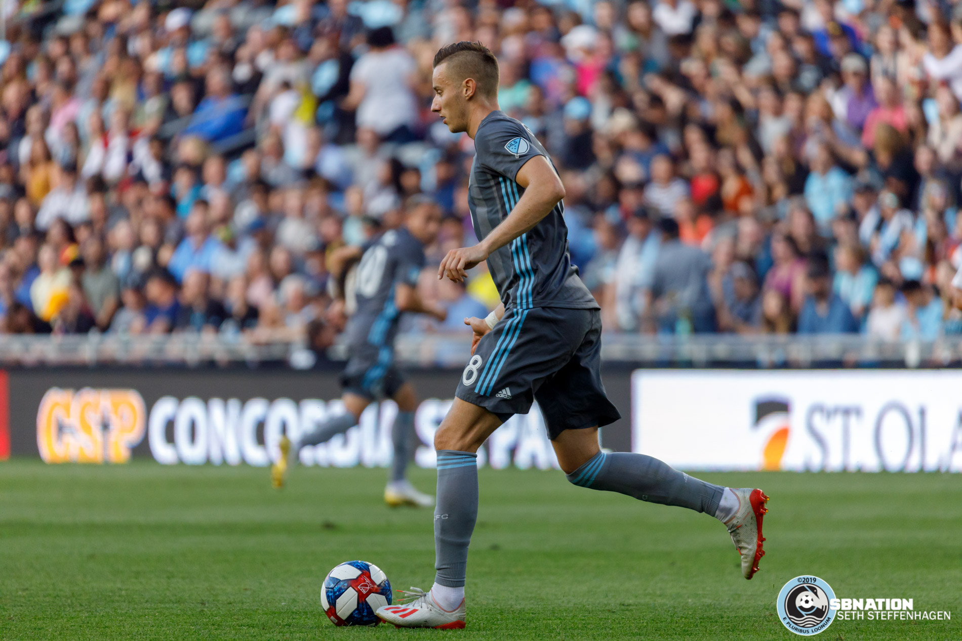July 10, 2019 - Saint Paul, Minnesota, United States - Minnesota United midfielder Ján Greguš (8) dribbles the ball during the quarter-final match of the US Open Cup between Minnesota United and New Mexico United at Allianz Field. 