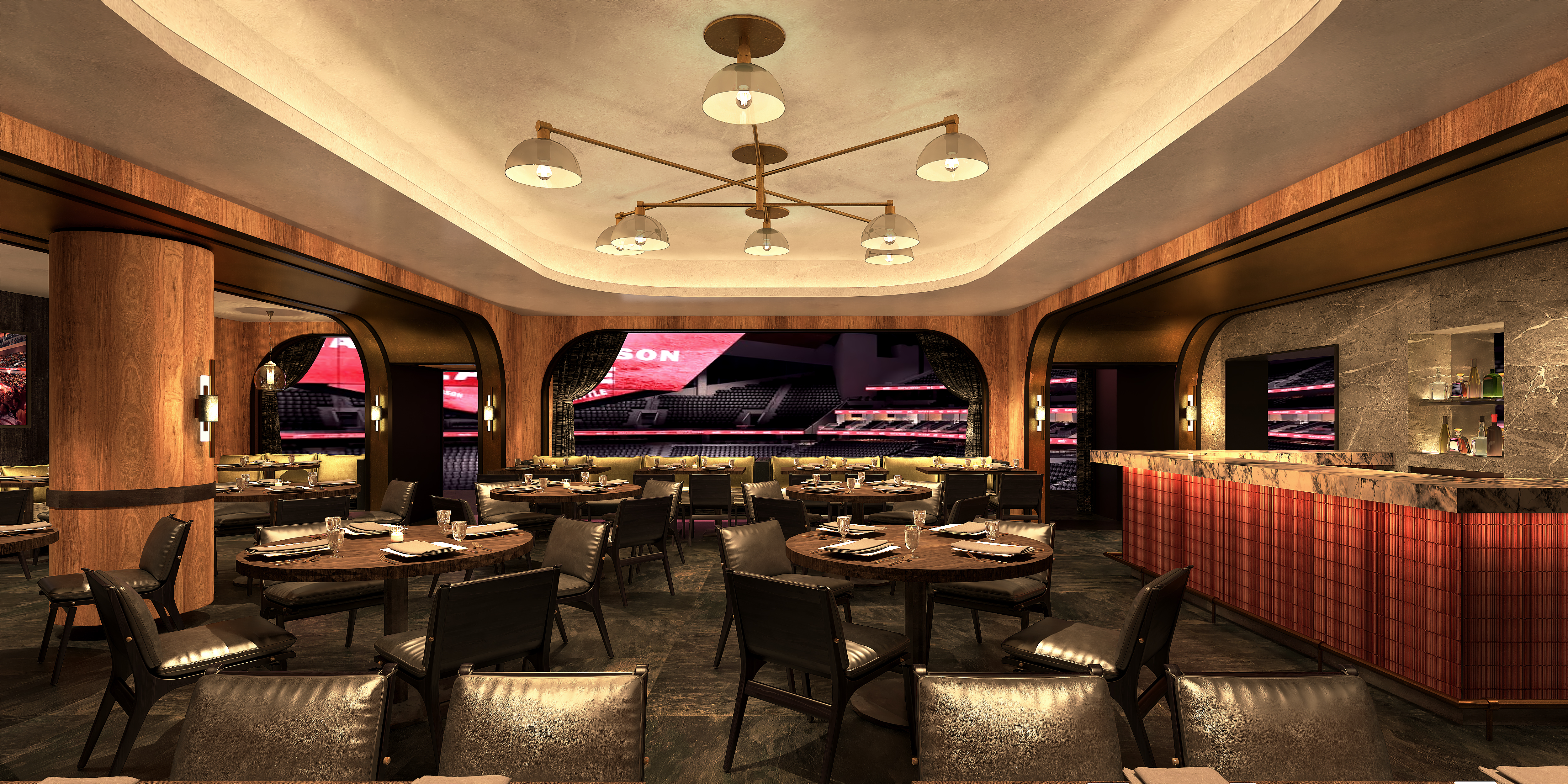 A rendering for the Metropolitan Club at the New Arena at Seattle Center shows dark wood finishings and some tables looking out onto the rink.