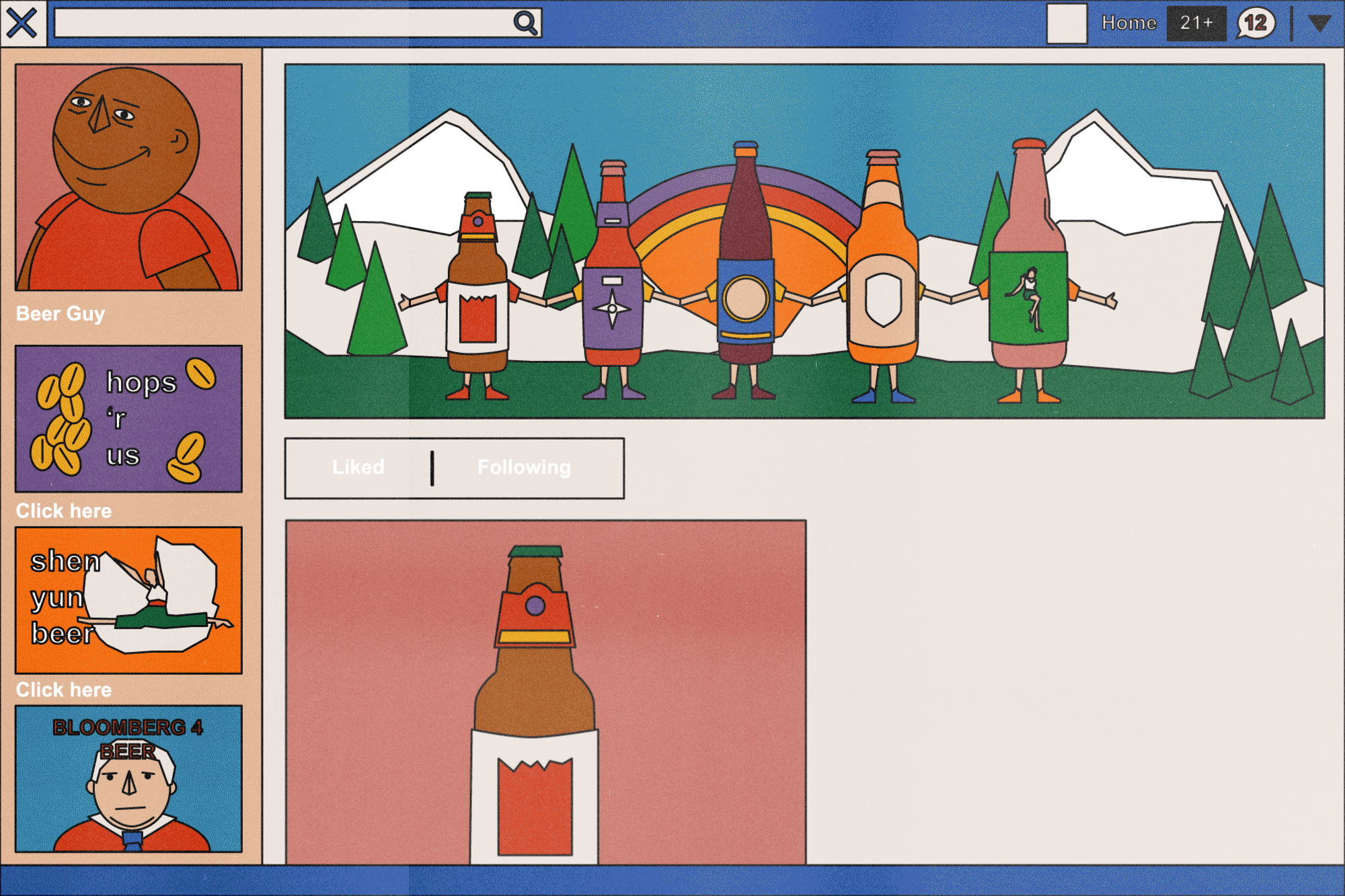 Illustration of scrolling up a Facebook page, with requests to purchase beer popping up in direct messages.