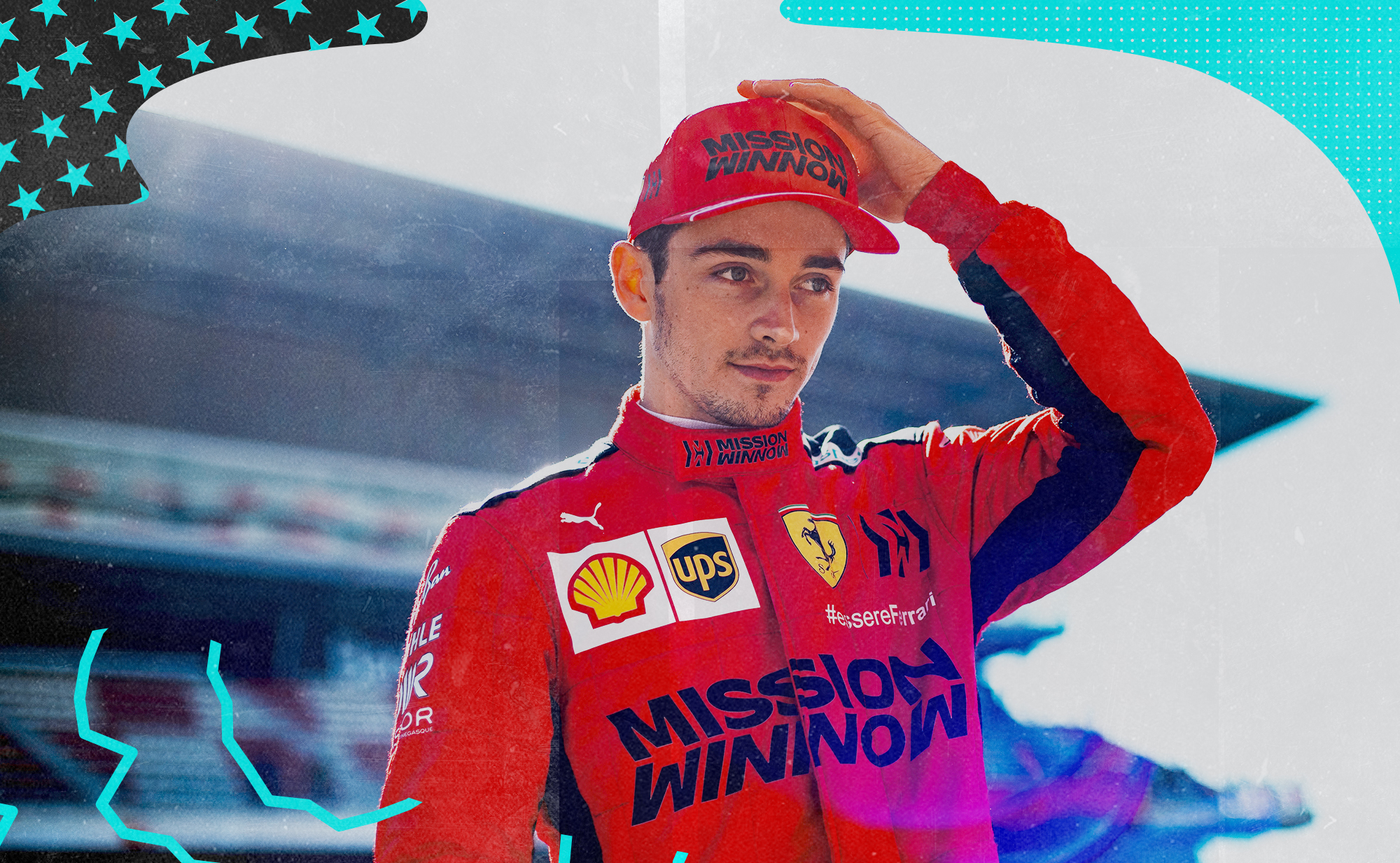 Charles Leclerc in his Ferrari track suit and cap before a race.