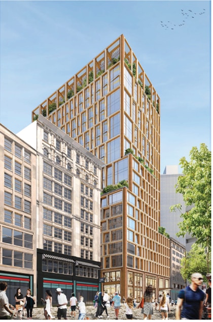 Rendering of a 21-story, mostly glass tower. 