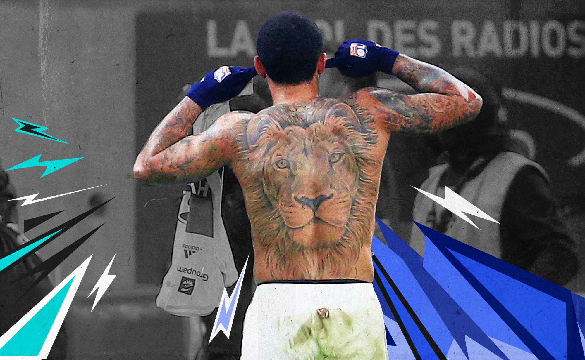 Memphis Depay flexing while shirtless, displaying a tattoo of a lion’s face that covers his entire back.