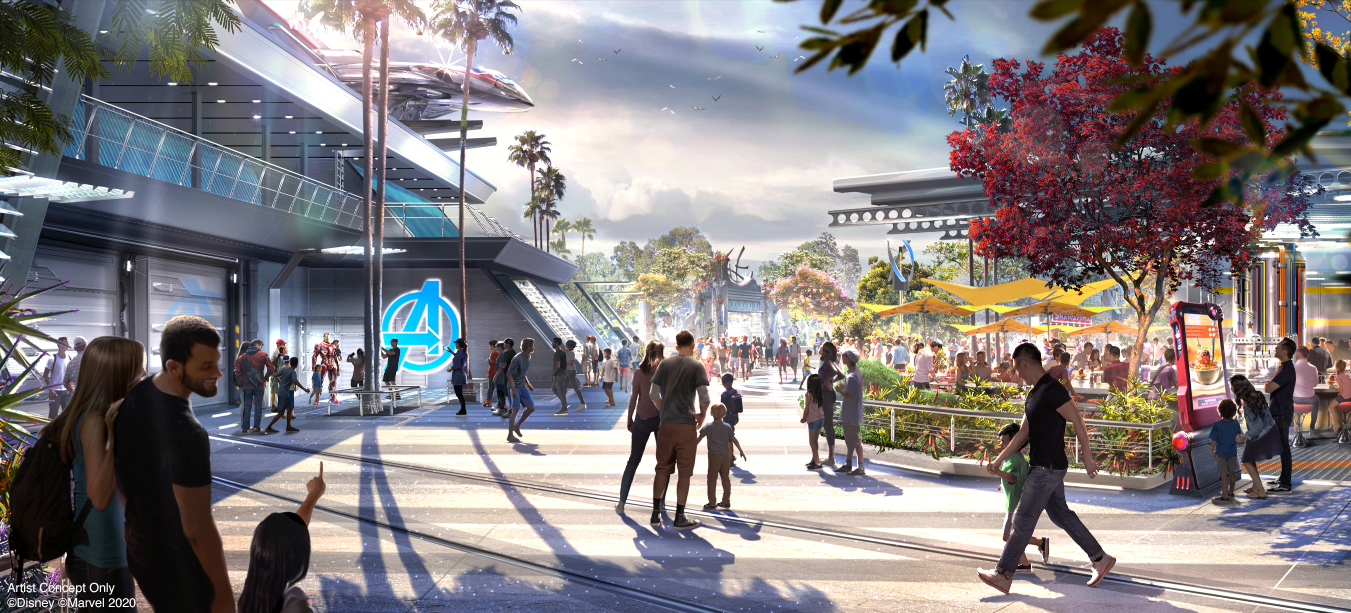 Avengers Campus is an entirely new land dedicated to discovering, recruiting and training the next generation of heroes, opening in summer 2020 at Disney California Adventure Park in Anaheim, California. To the right of the image, the outdoor seating area at Pym Test Kitchen is a great place to fuel up and watch for Super Heroes at the nearby Avengers Headquarters